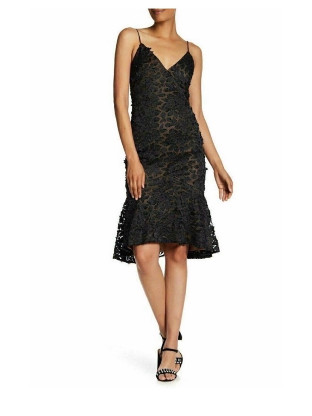 Vera Wang Black Floral Appliqué Lace Midi Dress